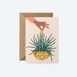 housewarming card with a hand holding yellow plant basket with a text that says plant lady