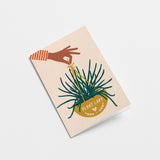 housewarming card with a hand holding yellow plant basket with a text that says plant lady