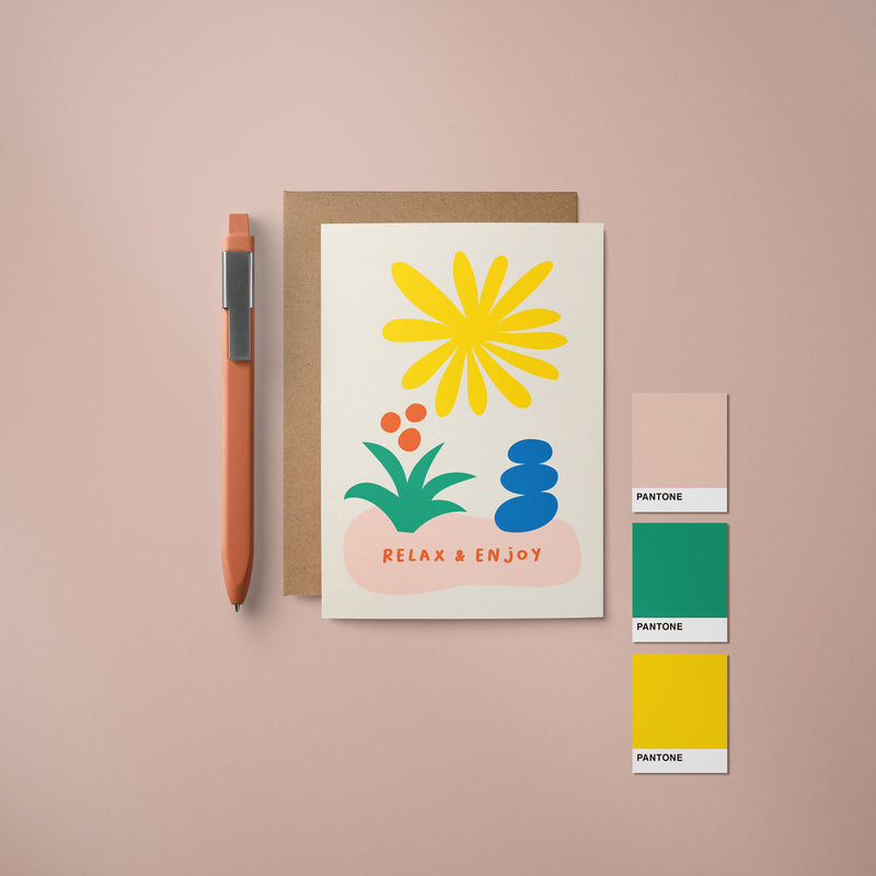 Friendship card with yellow sun figure, green and red flower, blue figure and a text that says Relax & Enjoy