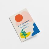 Love card with red sun, green plant, blue, pink and yellow figures and a text that says Keep being you imperfectly perfect