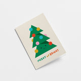 christmas card with a green christmas tree with colorful decorations on it and a text that says merry and bright