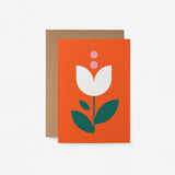 everyday greeting card with a white tulip and green leafs