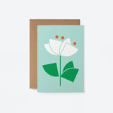 everyday greeting card with a white flower and green leafs