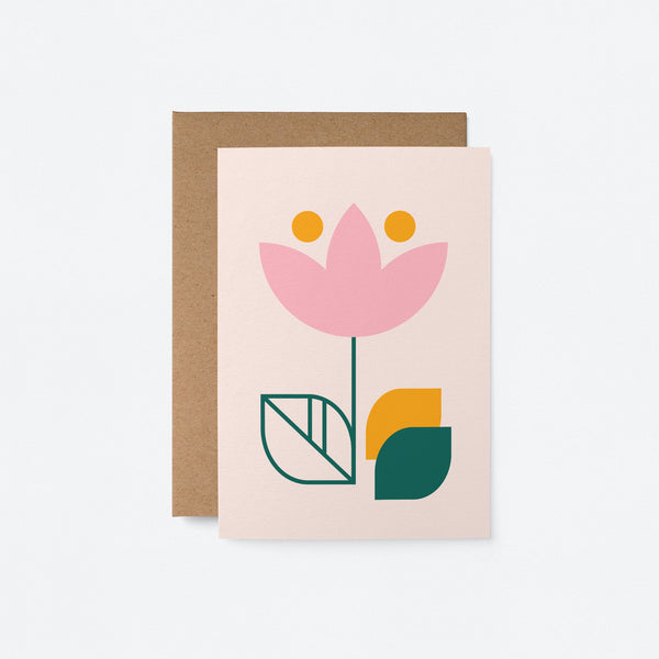 everyday greeting card with a pink flower and yellow, dark green leafs
