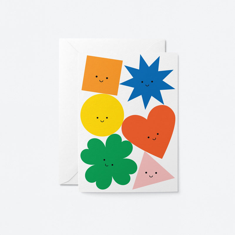 birthday card with colorful shapes with smiley faces