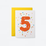 5th birthday age card with colorful confetti and red number 5
