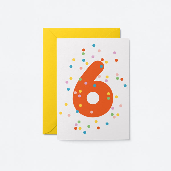 6th birthday age card with colorful confetti and red number 6