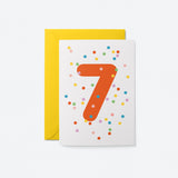 7th birthday age card with colorful confetti and red number 7