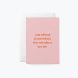 friendship card with a text that says just wanted to remind you how marvellous you are.
