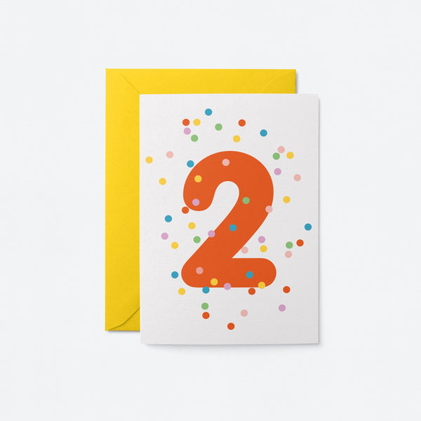 2nd birthday age card with colorful confetti and red number 2