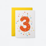 3rd birthday age card with colorful confetti and red number 3