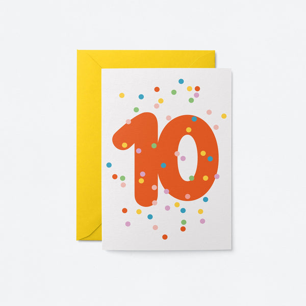 10th birthday age card with colorful confetti and red number 10