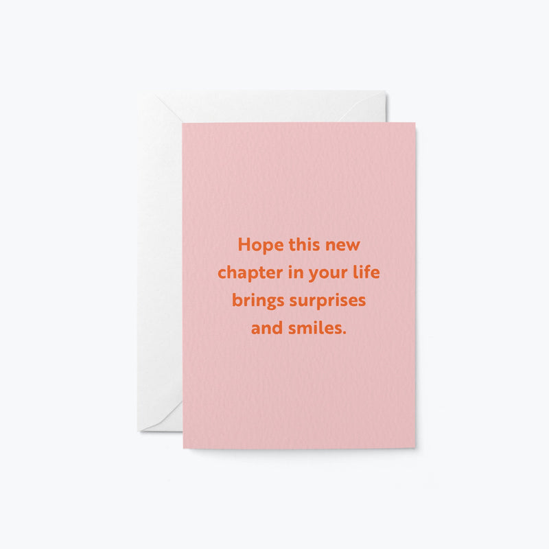 congratulations card with a text that says hope this new chapter in your life brings surprises and smiles.