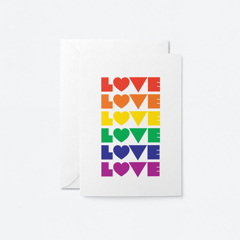 love card with 6 love words in rainbow colors