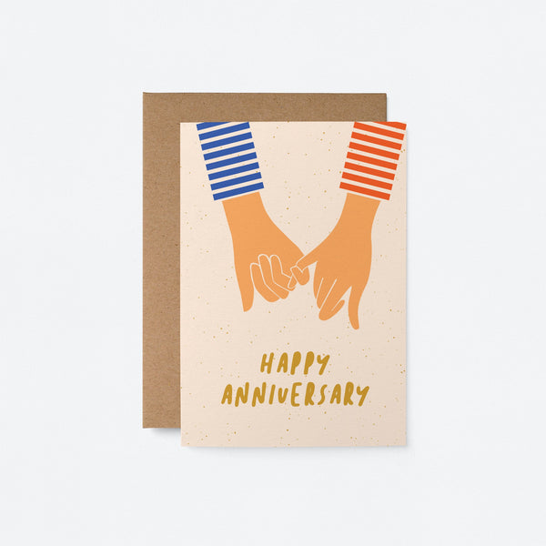 Anniversary card with two hand holding with little fingers and a text that says happy anniversary 