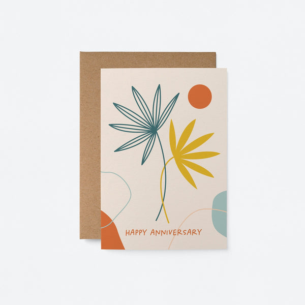 anniversary card with a green plant drawing and a yellow plant drawing and a orange sun figure and a text that says happy anniversary