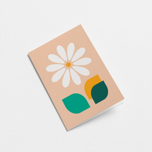 everyday greeting card with white daisy and green, yellow, dark green leafs
