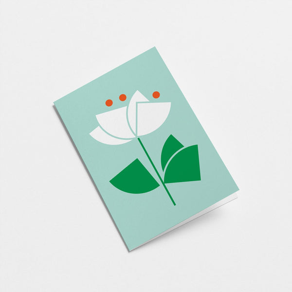 everyday greeting card with a white flower and green leafs