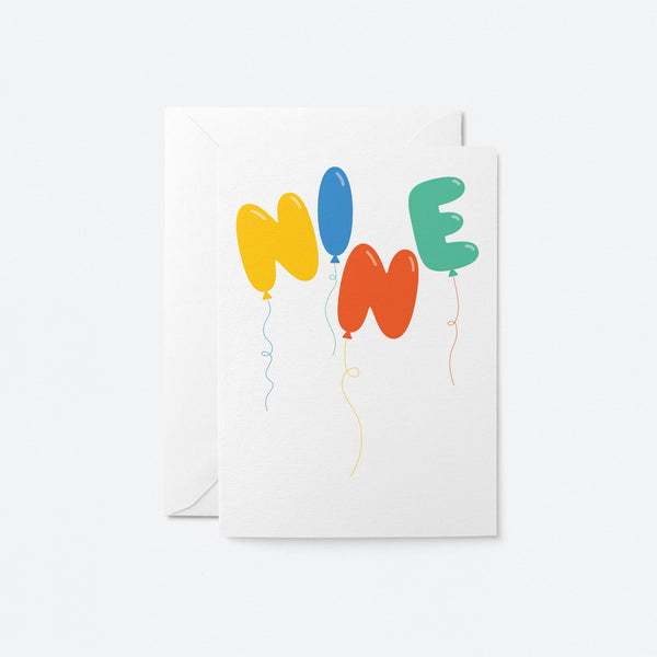 Nine - 9th Birthday card - Kids age card