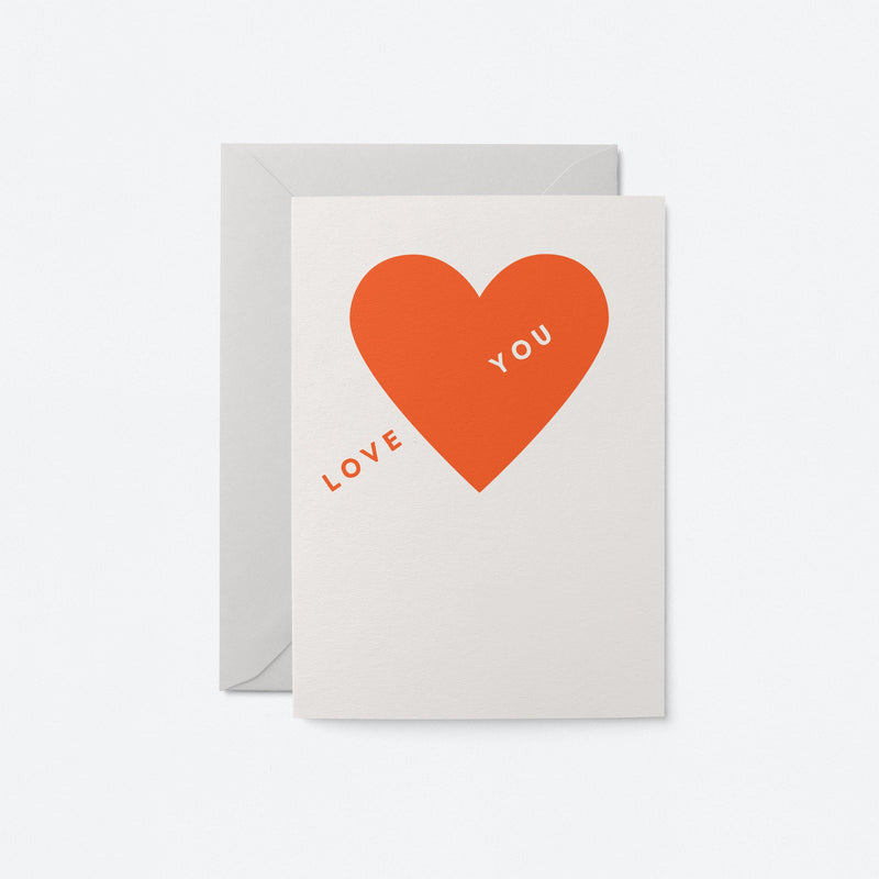 minimalistic Love you card featured a big red heart and love you text. Matched grey envelope