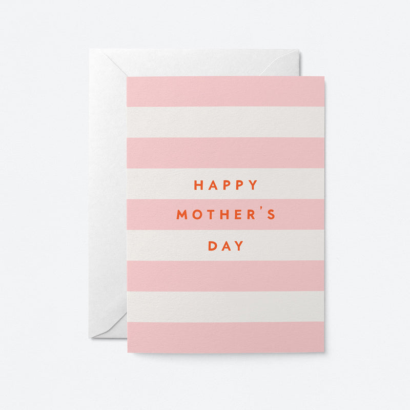 Stripes greeting card says Happy Mothers Day with white envelope on soft grey background