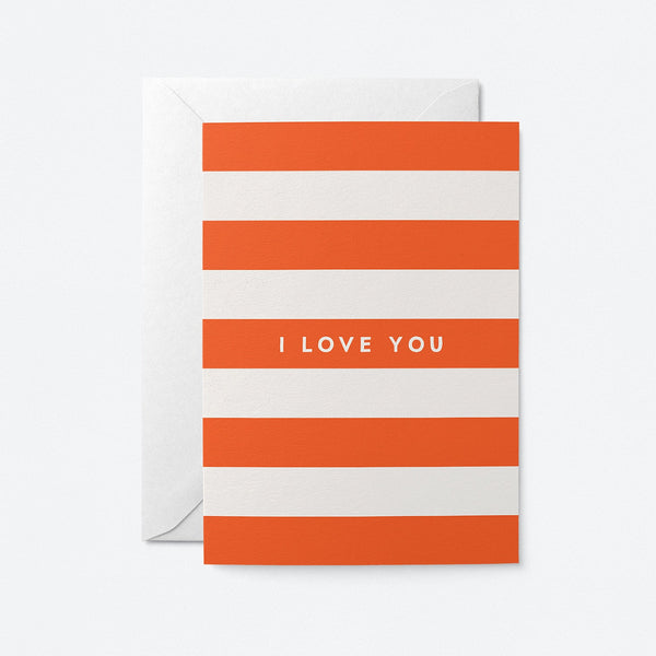 red and white stripes greeting card, says I love you.