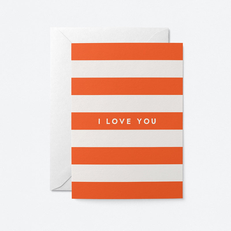 red and white stripes greeting card, says I love you.