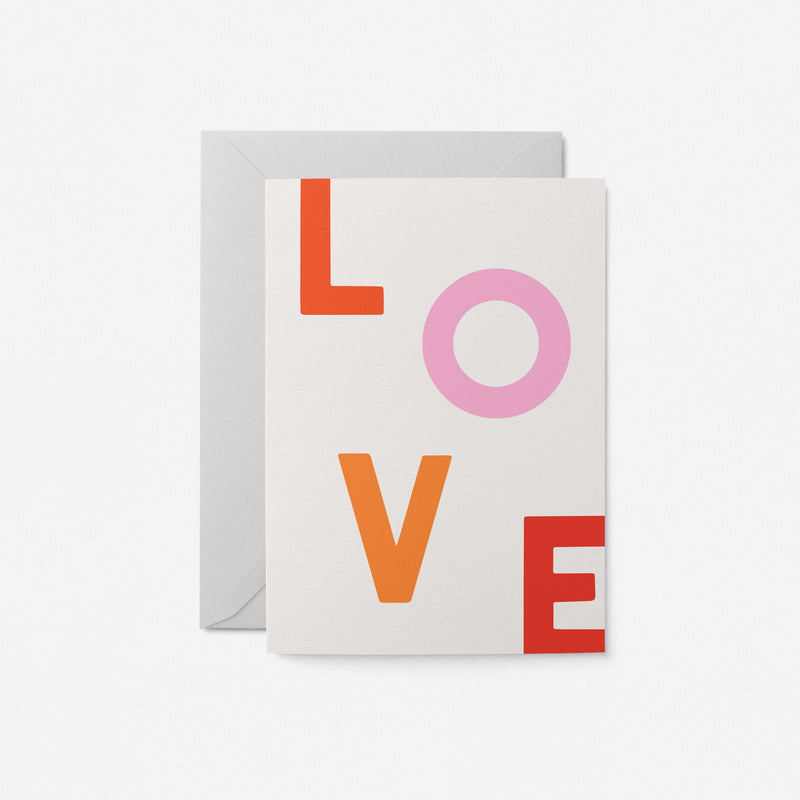 Contemporary Love typography greeting card featured red and pink colours on white background.
