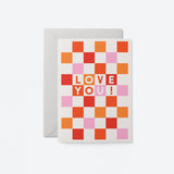 love you card featured trendy graphic design and red, pink and orange colours on white background.